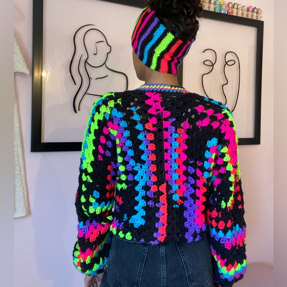 Handmade Crochet Cardigan with Matching Winter Headband Set - Picture 6 of 12